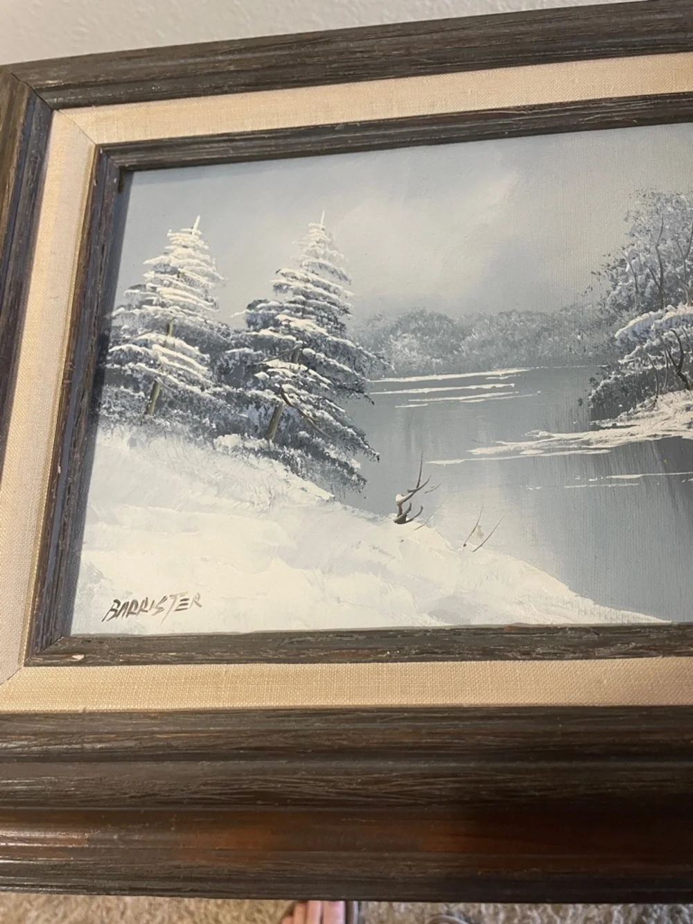 antique Framed Winter Landscape Painting in Wooden Frame - Blue, White, Brown
